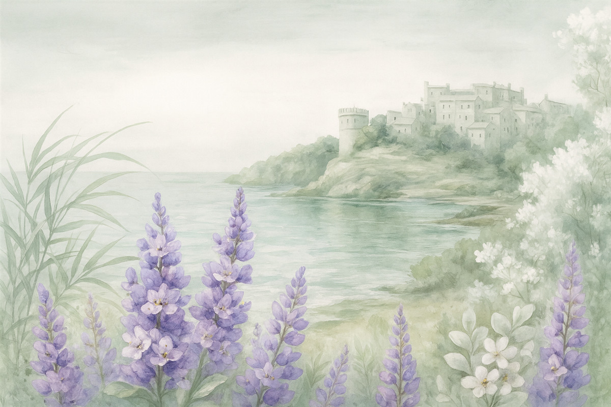 Fototapeta Teksturowany pejzaż w stylu retro z zamkiem na klifie z panoramą na morze, z lawendowymi kwiatami w delikatnych barwach.