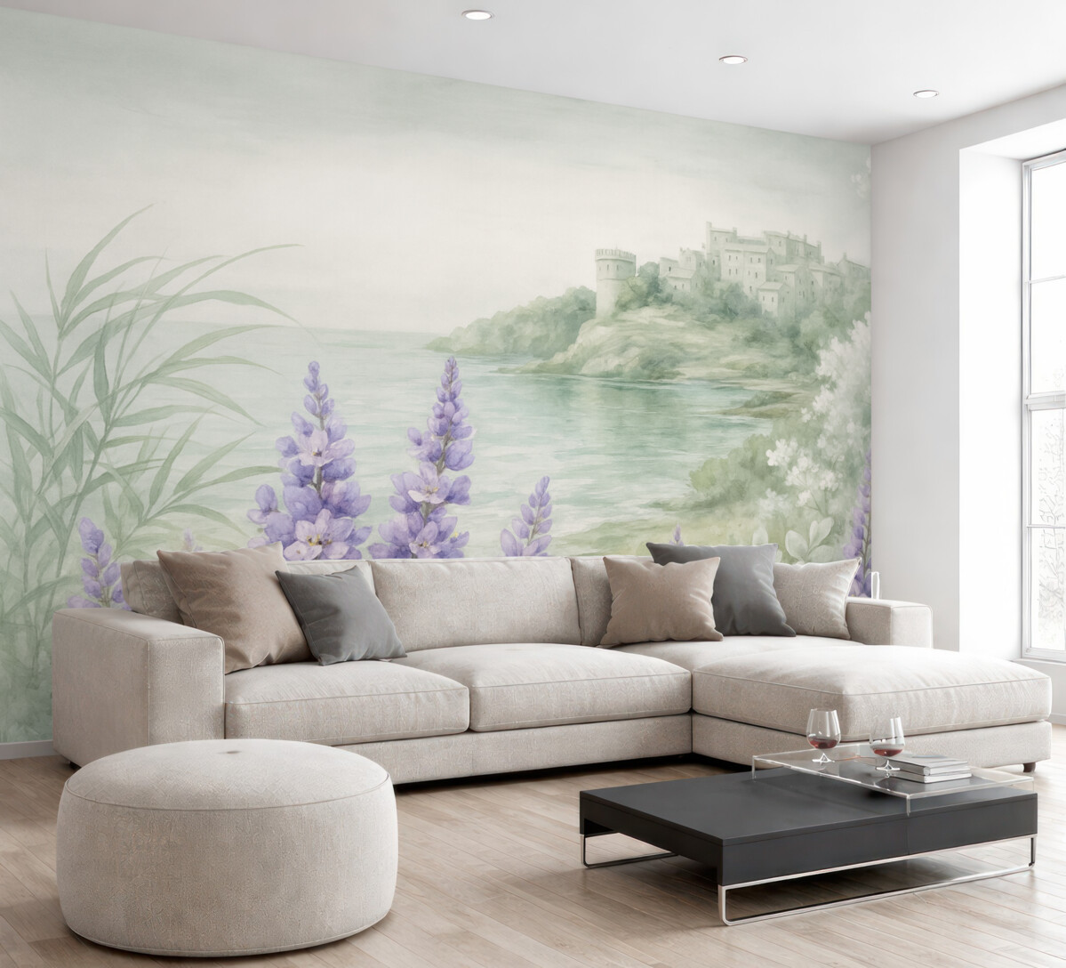 Fototapeta Teksturowany pejzaż w stylu retro z zamkiem na klifie z panoramą na morze, z lawendowymi kwiatami w delikatnych barwach.