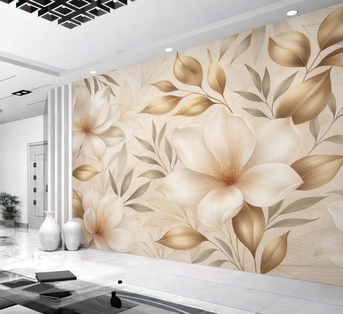 Fototapeta Kwiaty i liście jaśminu, subtelne odcienie, ilustracja roślinna, kwiatowe tło, szykowny styl, delikatne płatki.