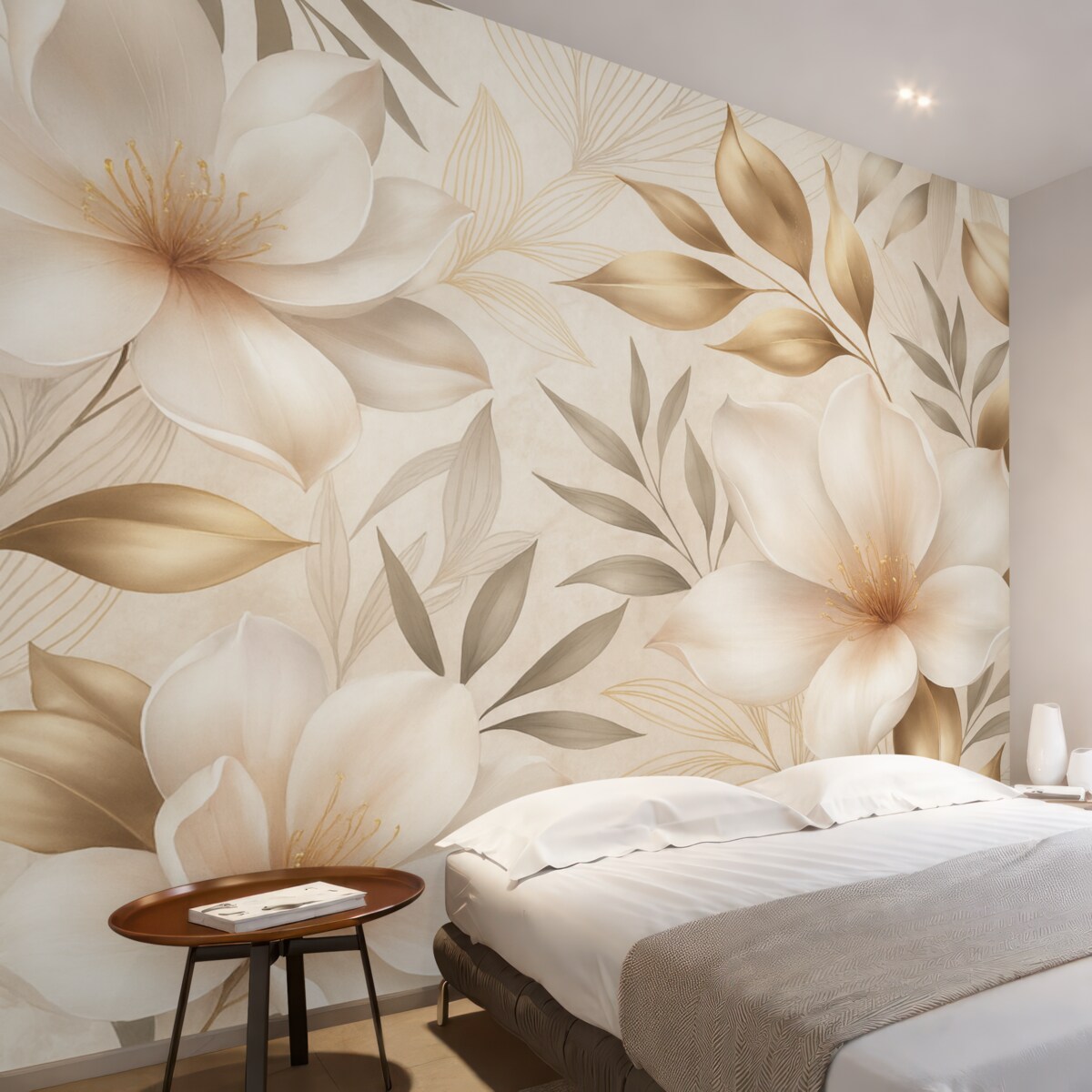 Fototapeta Kwiaty i liście jaśminu, subtelne odcienie, ilustracja roślinna, kwiatowe tło, szykowny styl, delikatne płatki.