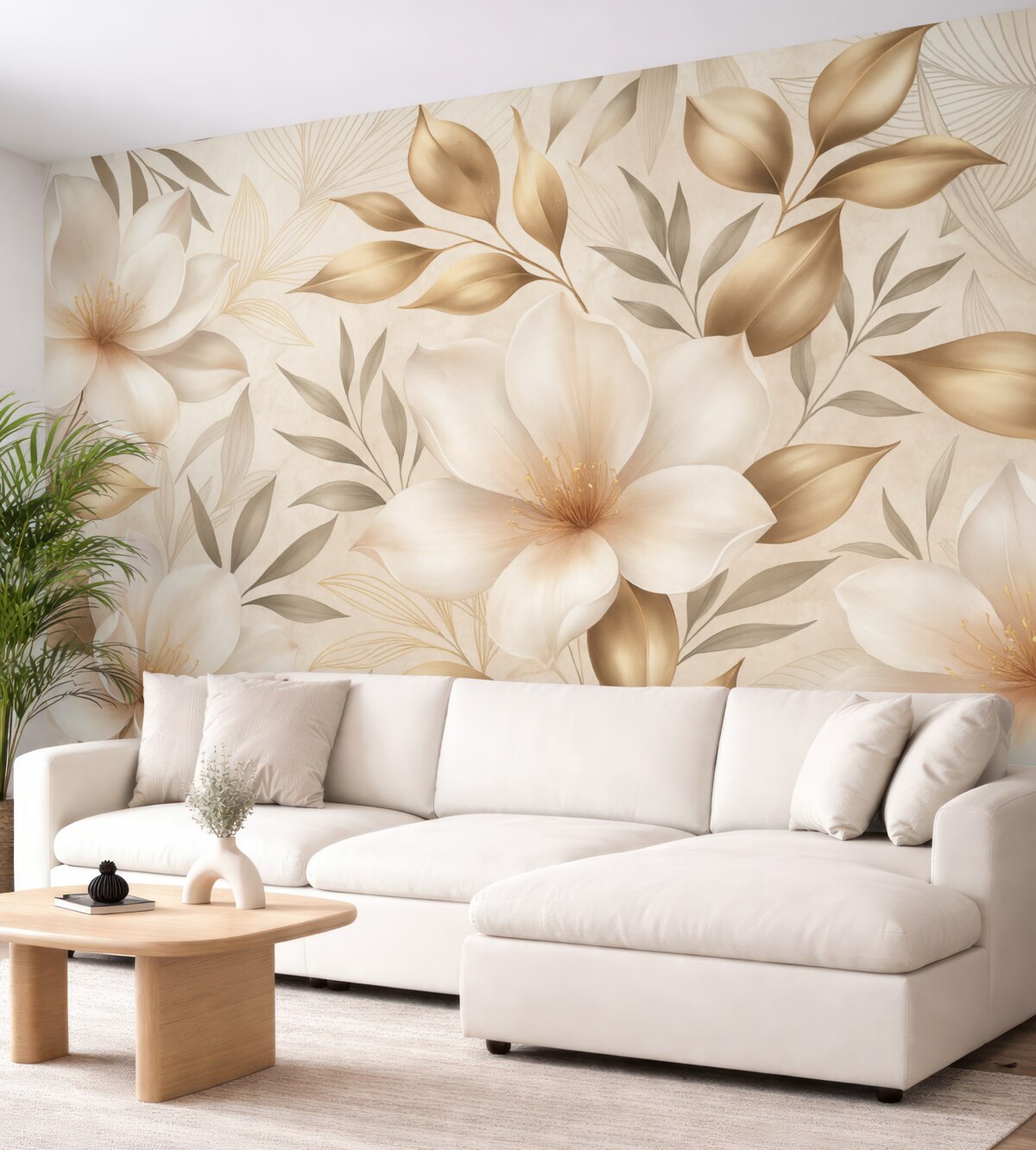 Fototapeta Kwiaty i liście jaśminu, subtelne odcienie, ilustracja roślinna, kwiatowe tło, szykowny styl, delikatne płatki.