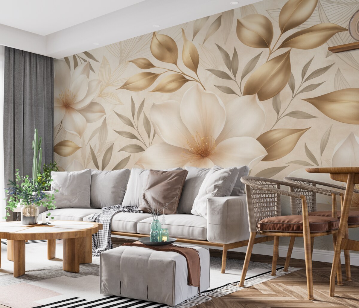 Fototapeta Kwiaty i liście jaśminu, subtelne odcienie, ilustracja roślinna, kwiatowe tło, szykowny styl, delikatne płatki.