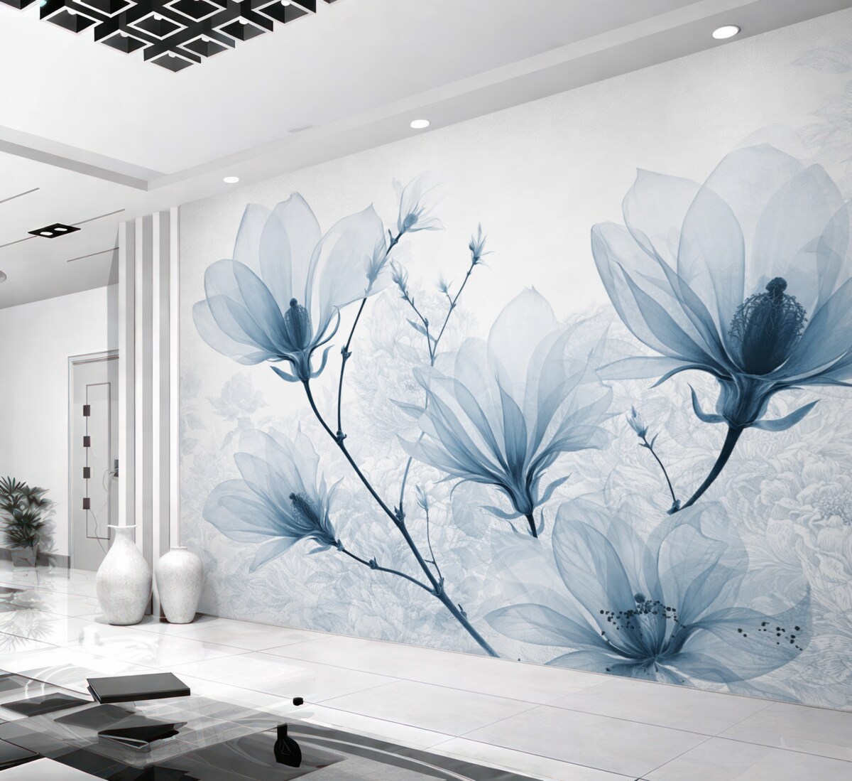Fototapeta Przezroczyste błękitne kwiaty magnolii z konturami kwiatów o subtelnych płatkach i ciemnych łodygach.