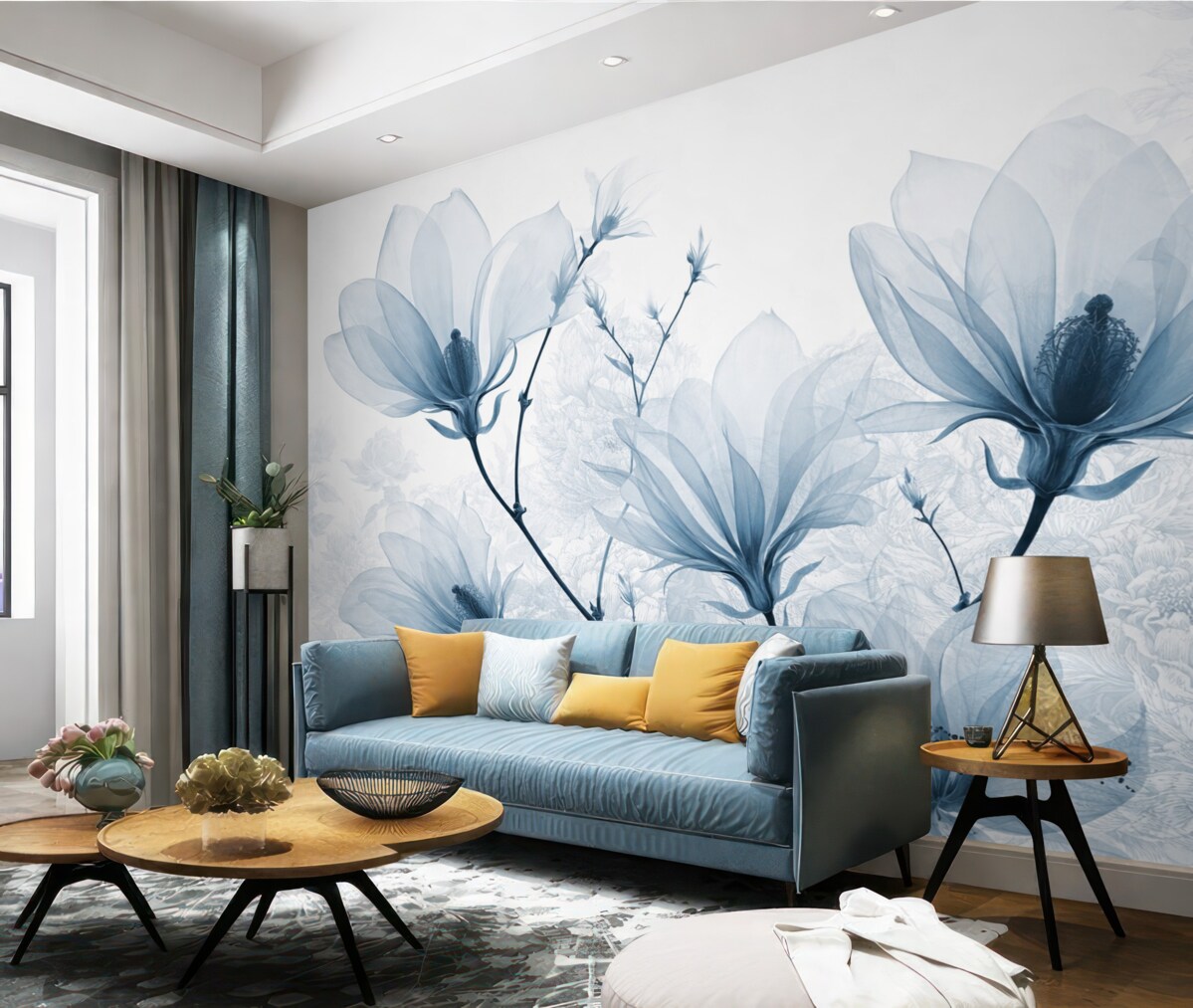 Fototapeta Przezroczyste błękitne kwiaty magnolii z konturami kwiatów o subtelnych płatkach i ciemnych łodygach.