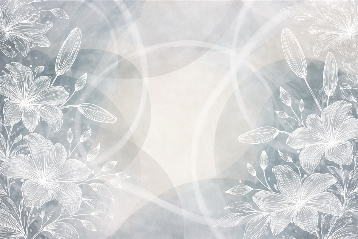 Fototapeta Minimalistyczny florystyczny motyw z białymi kwiatami i liśćmi, nakładającymi się na siebie abstrakcyjnymi kręgami w odcieniach szarości i niebieskiego.