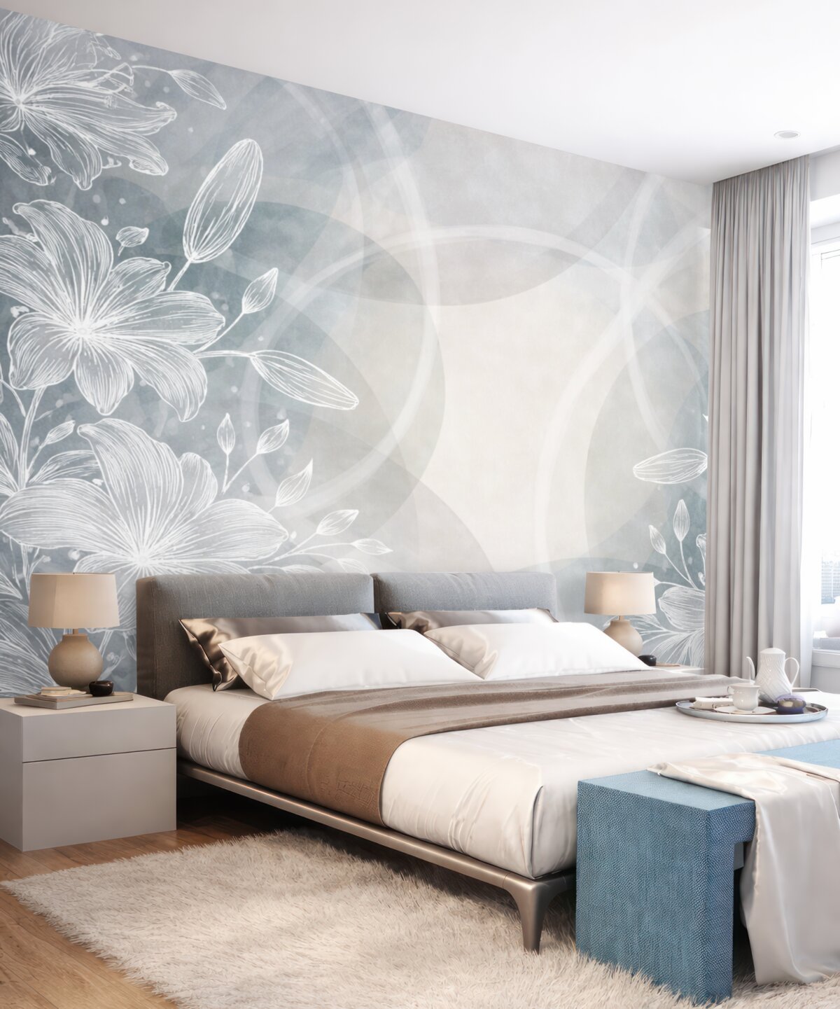 Fototapeta Minimalistyczny florystyczny motyw z białymi kwiatami i liśćmi, nakładającymi się na siebie abstrakcyjnymi kręgami w odcieniach szarości i niebieskiego.