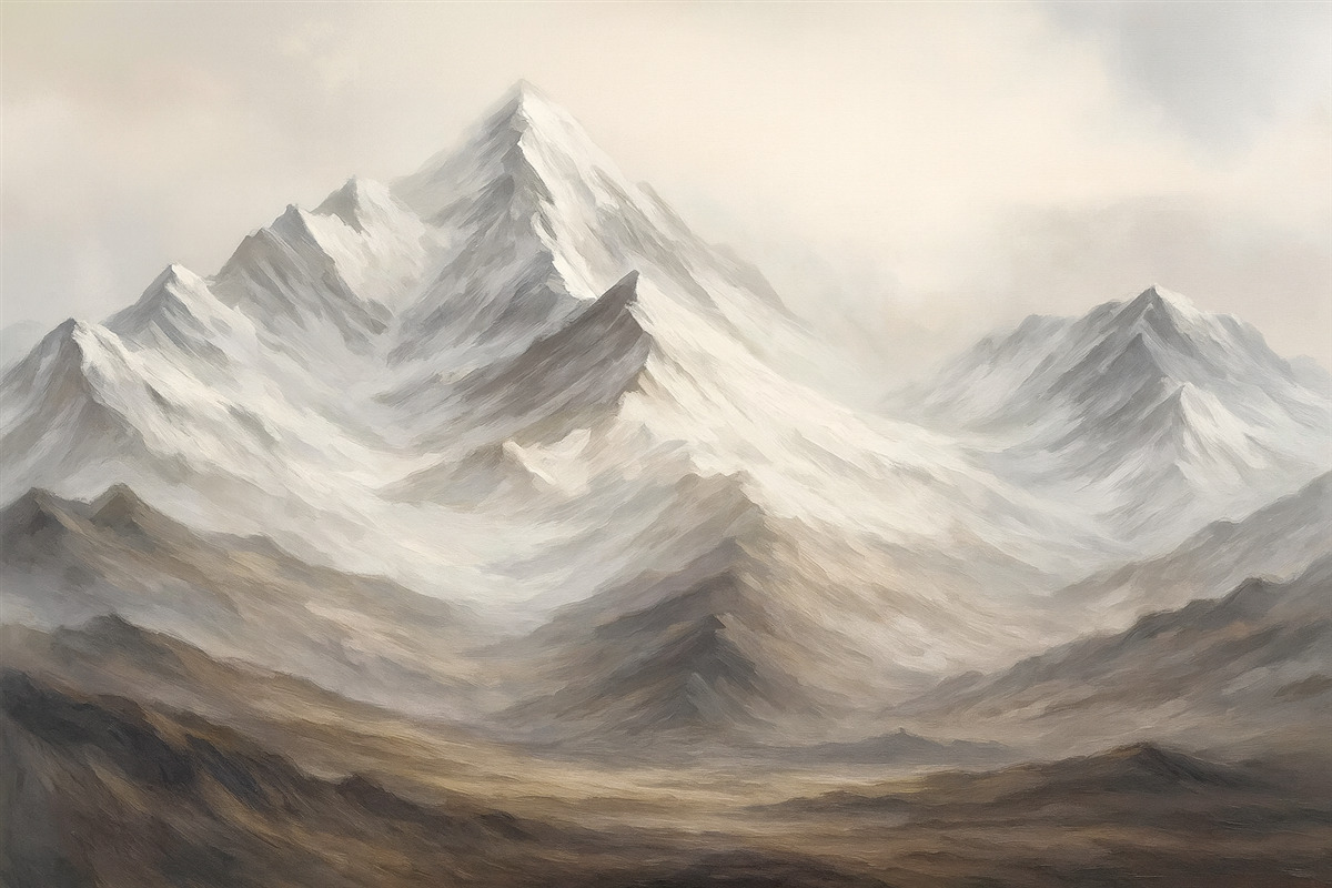 Fototapeta Górski pejzaż z błękitnym niebem, ruchy pędzla, stonowane beżowe i szare odcienie, łańcuch górski.