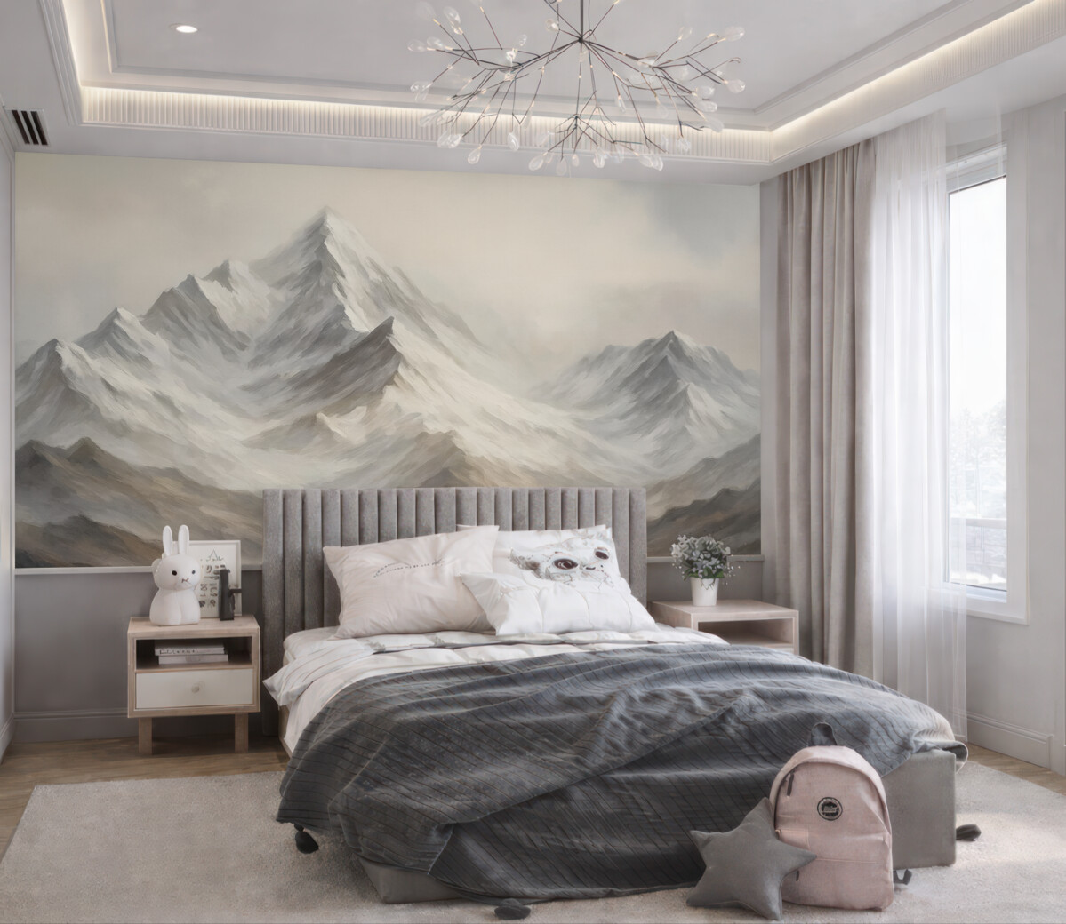 Fototapeta Górski pejzaż z błękitnym niebem, ruchy pędzla, stonowane beżowe i szare odcienie, łańcuch górski.