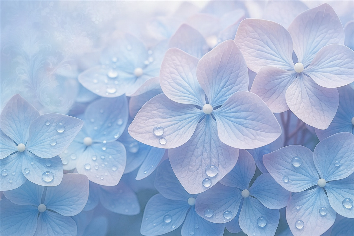 Fototapeta Vintage teksturowane niebieskie i różowe hortensje z kroplami wody na płatkach, rozmyte różowe tło.