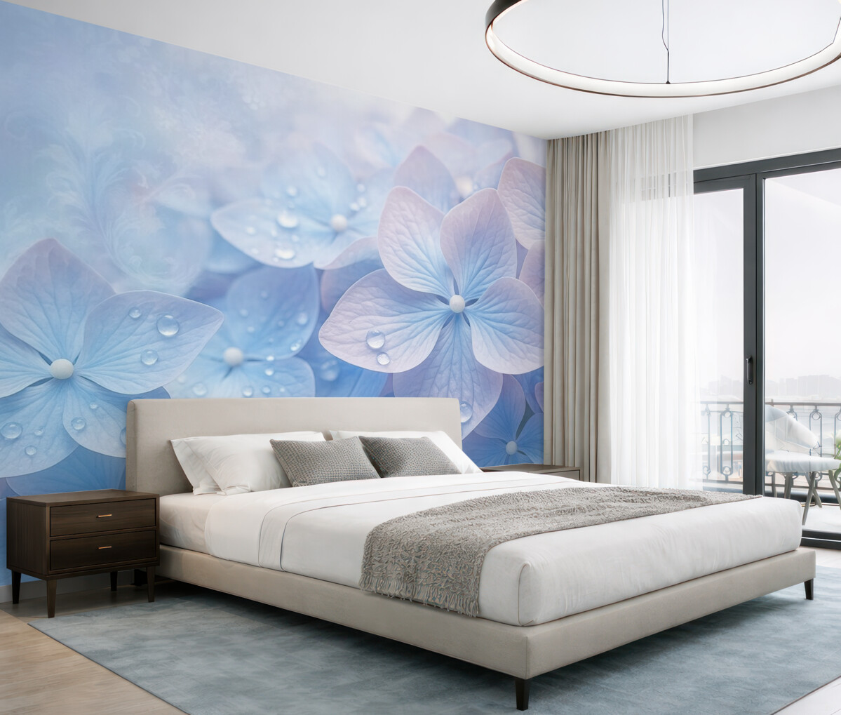 Fototapeta Vintage teksturowane niebieskie i różowe hortensje z kroplami wody na płatkach, rozmyte różowe tło.