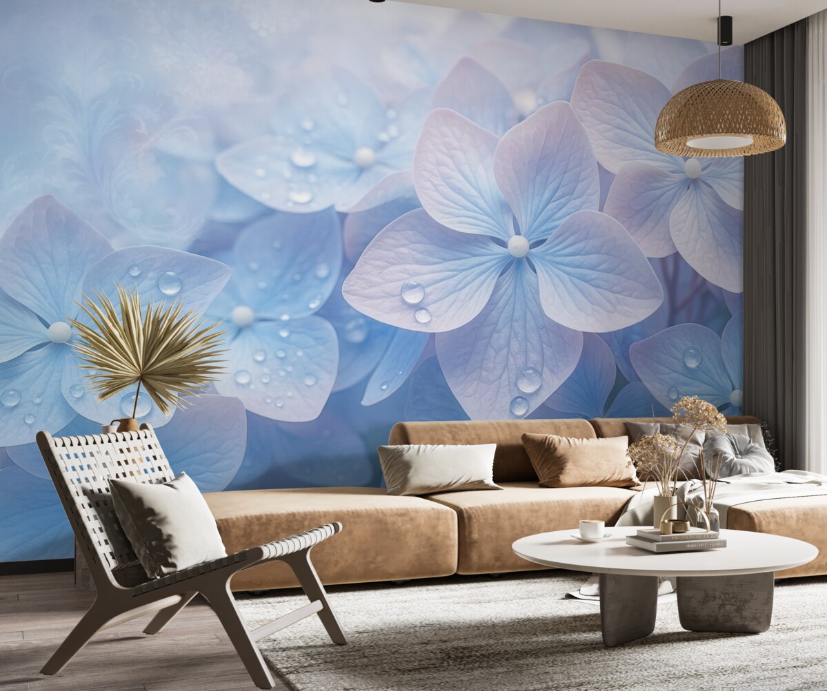 Fototapeta Vintage teksturowane niebieskie i różowe hortensje z kroplami wody na płatkach, rozmyte różowe tło.