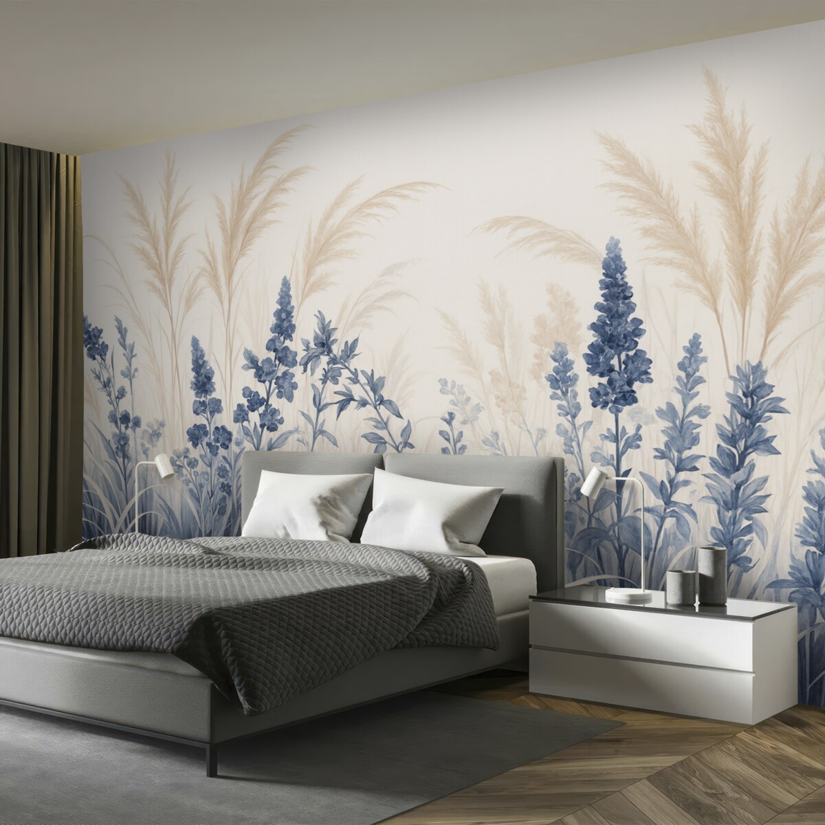 Fototapeta Niebieskie kwiaty oraz beżowe trzciny na łące, minimalistyczna faktura obrazu, jasne tło, łagodne kolory, subtelne pociągnięcia pędzla.