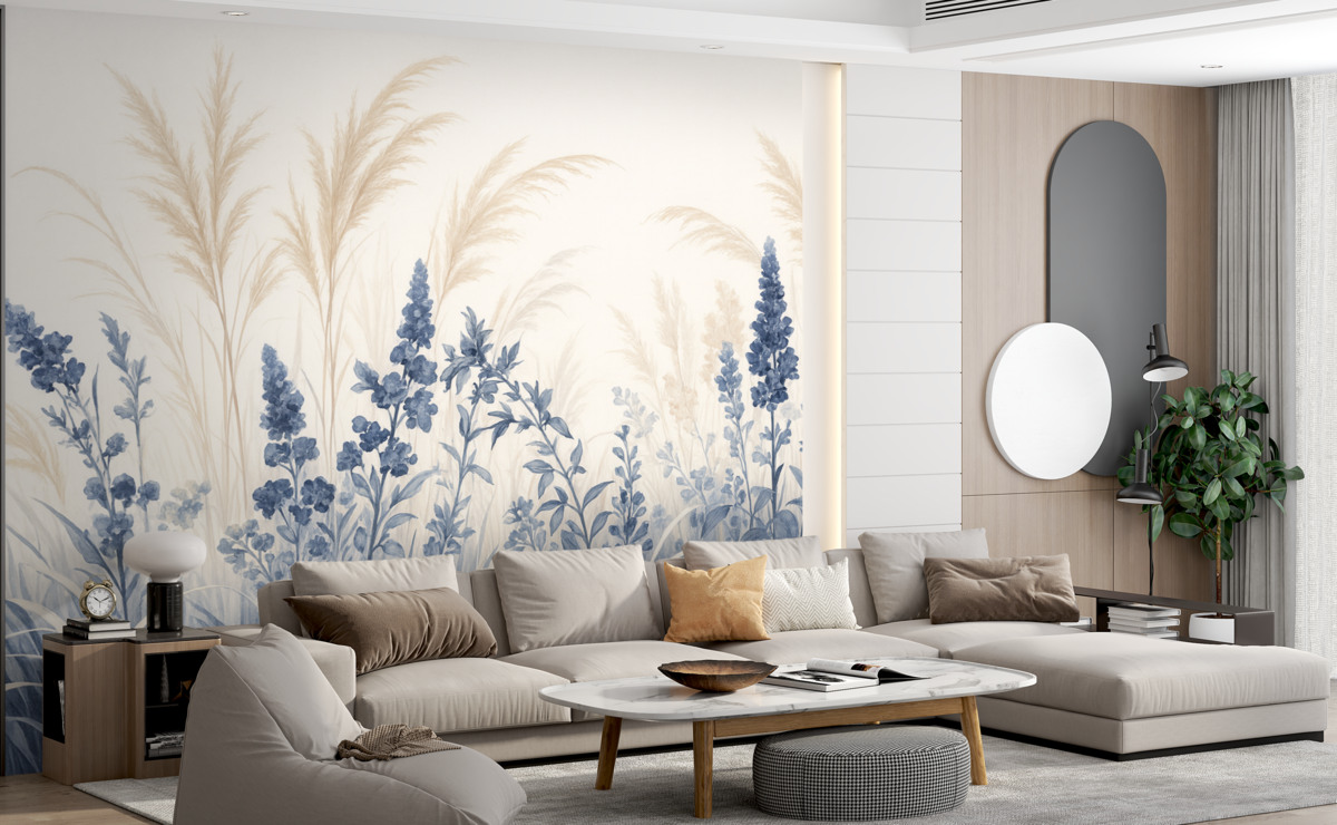 Fototapeta Niebieskie kwiaty oraz beżowe trzciny na łące, minimalistyczna faktura obrazu, jasne tło, łagodne kolory, subtelne pociągnięcia pędzla.