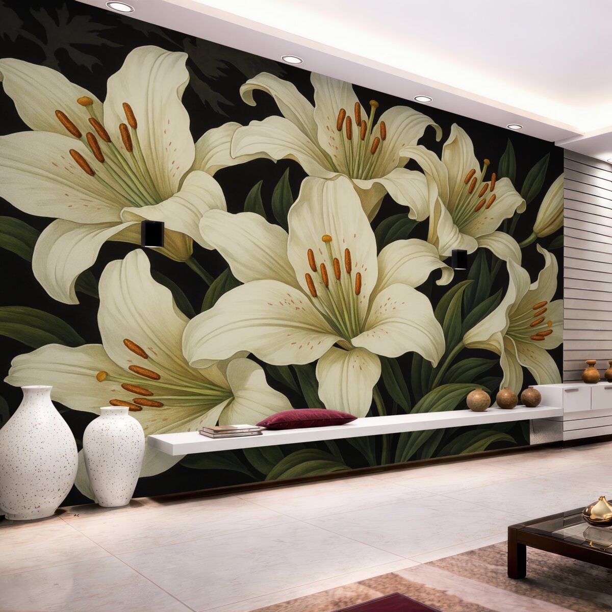 Fototapeta Stylowe, duże białe kwiaty na ciemnym tle.