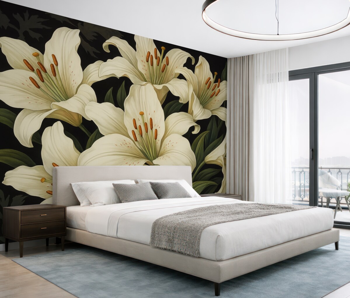 Fototapeta Stylowe, duże białe kwiaty na ciemnym tle.