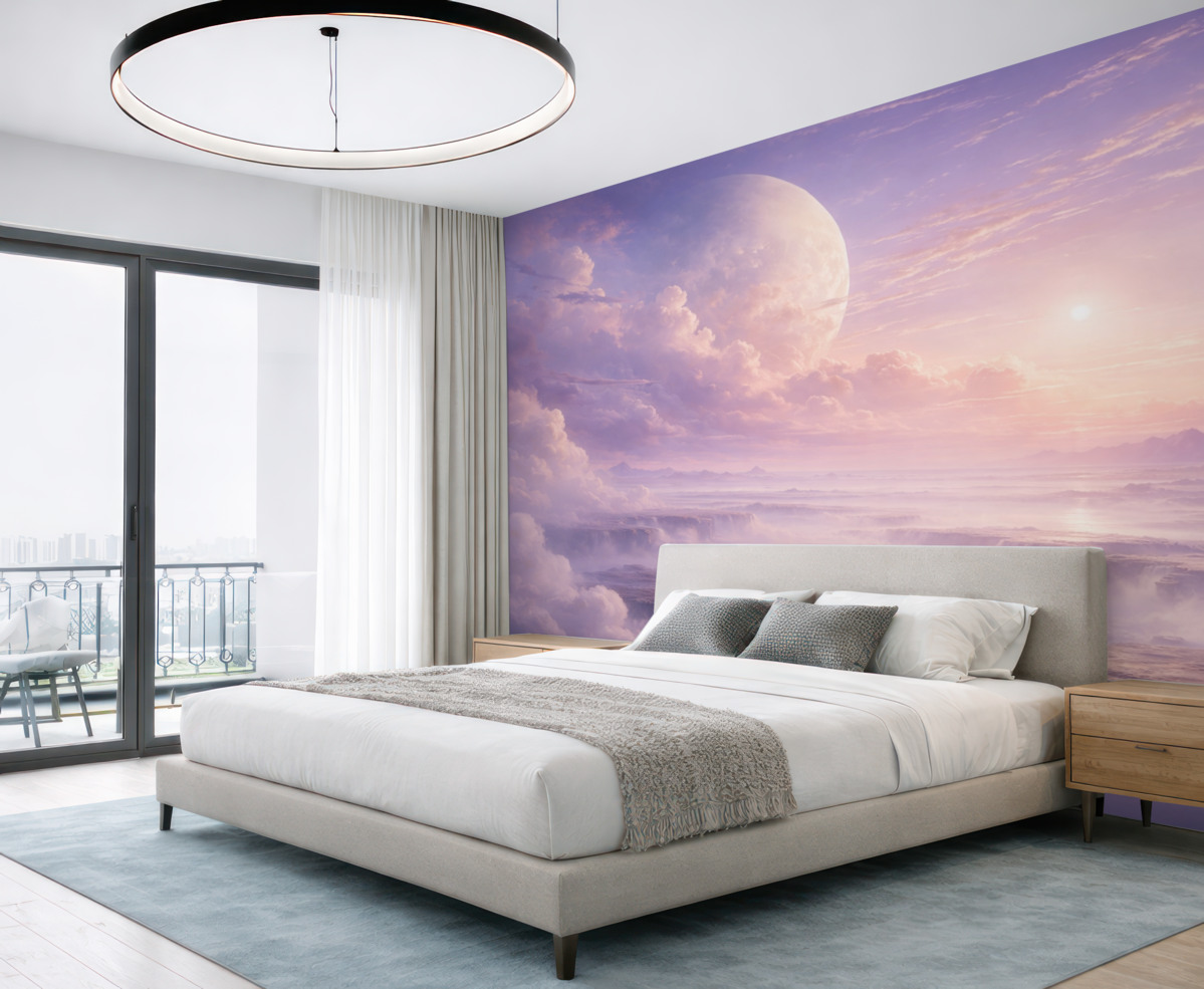 Fototapeta Cudowne fioletowo-różowe niebo z Księżycem i obłokami.