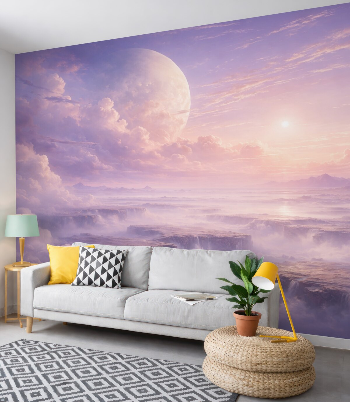 Fototapeta Cudowne fioletowo-różowe niebo z Księżycem i obłokami.