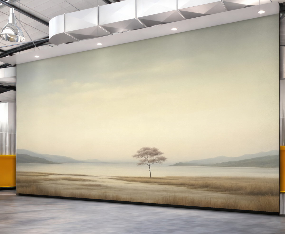 Fototapeta Ciszy krajobraz z osamotnionym różowym drzewem.