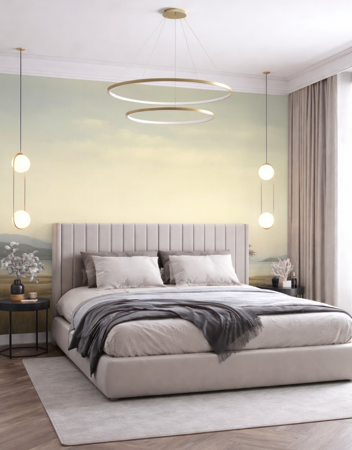 Fototapeta Ciszy krajobraz z osamotnionym różowym drzewem.