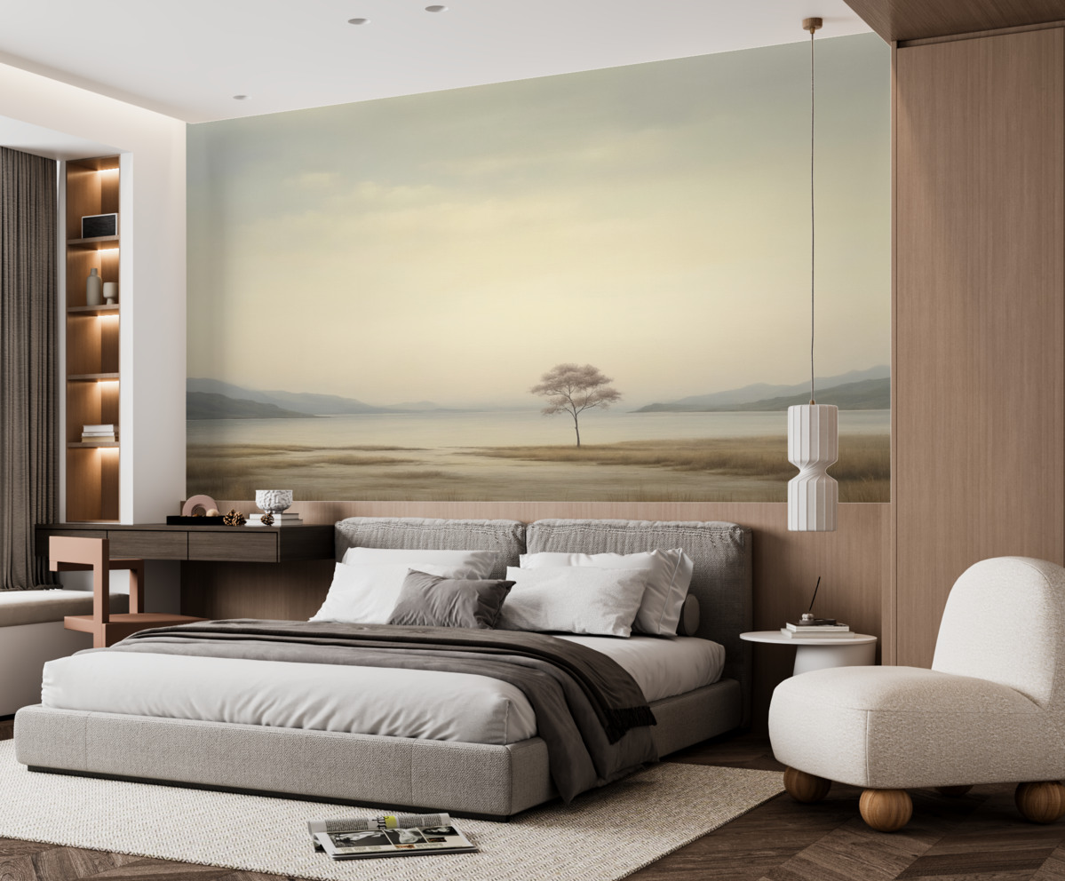 Fototapeta Ciszy krajobraz z osamotnionym różowym drzewem.